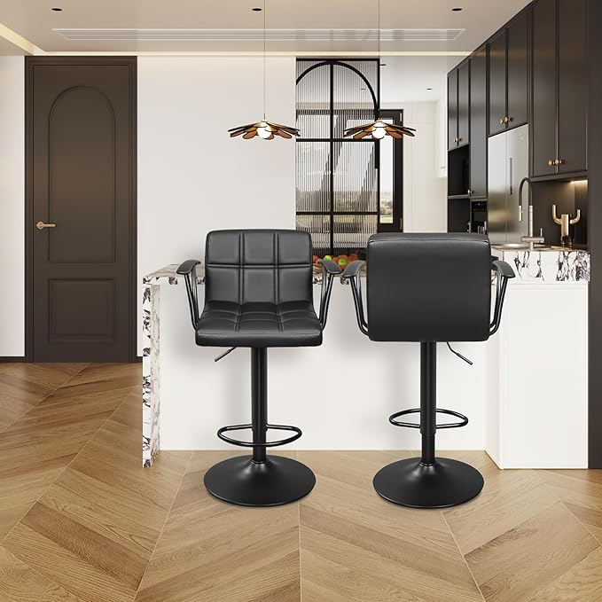 Bar Stools Set of 2, Armrest Adjustable Swivel Barstools with Back, Double Needle PU Leather Counter Height Chairs for Kitchen lsland (Black)