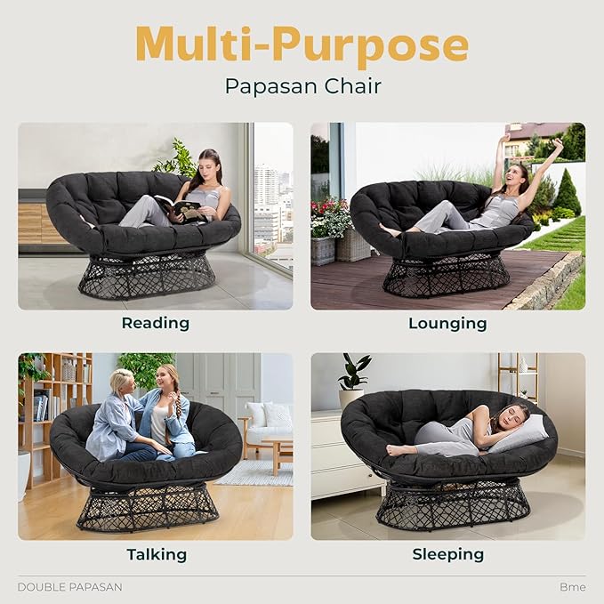 Bme Double Papasan Chair, 600lbs Capacity, Ergonomic Design, Soft Thick Fabric Cushion, Bee-Designed, Durable Steel Frame, 61", Onyx Stone-Black Base