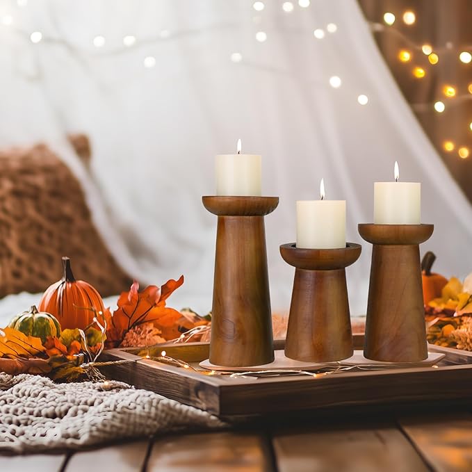 Pillar Candle Holders Set of 3， Wooden Candle Holders， Decorative Wood Candlestick Holders for Living Room, Table Centerpiece for Wedding, Christmas, Party, Home - 6", 8", 10"