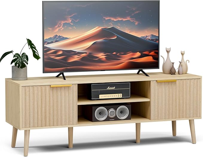 TV Stand for Living Room, Boho Entertainment Center for 55/60/65 inch TVs, Media Console with Fluted Door Cabinets and Open Shelves, for Bedroom, Oak