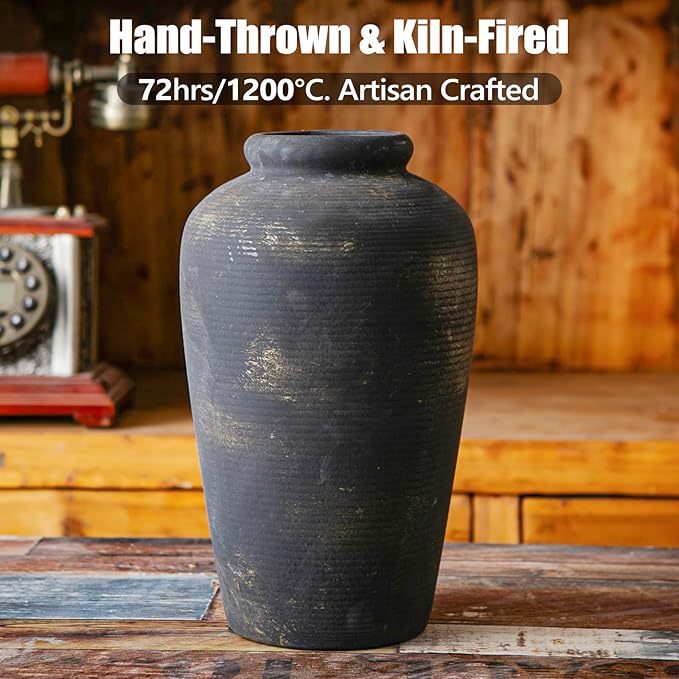 11 Inch Tall Large Ceramic Rustic Flower Vase for Home Office Decor, Boho Farmhouse Living Room Coffee Table Kitchen Bedroom Bathroom Wall Decor Aesthetic, Vintage House Shelf Decor -Bronze