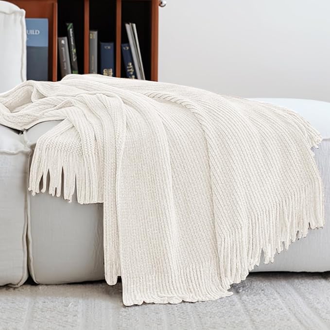 inhand Throw Blanket for Couch Bed,Chunky Chenille Woven Soft Blankets with Tassels,Cozy Boho Farmhouse Fall Winter Decor,Warm for Women,50"x60",Medium Thick-Off White