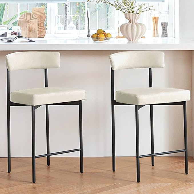 Beige Modern Bar Stools Set of 2, 24 Inch Faux Leather Counter Stools with Curved Backrest, Counter Height Bar Stool for Kitchen Island