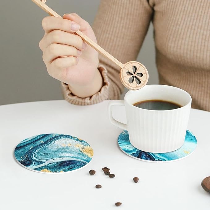 Ocean Gold Blue Marble Coasters Set of 6 Coasters for Drinks Absorbent Double-Sided Leather PVC Coaster for Tabletop Protection Coffee Table Decor Ideal for Home Decor House Warming Gifts