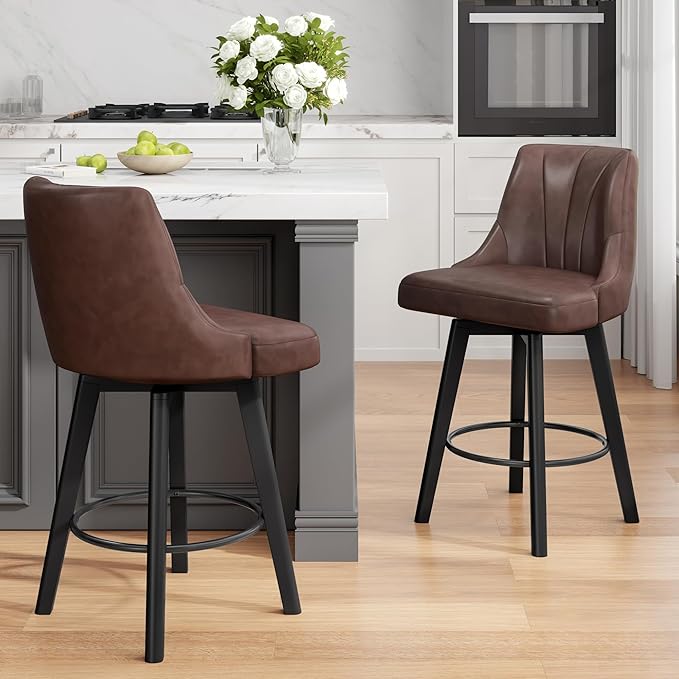 Counter Height Swivel Bar Stool, 24" Upholstered PU Leather Barstools Set of 6, Counter Stool Chair with Back & Solid Wood Legs for Kitchen Island Dining Room (Brown)