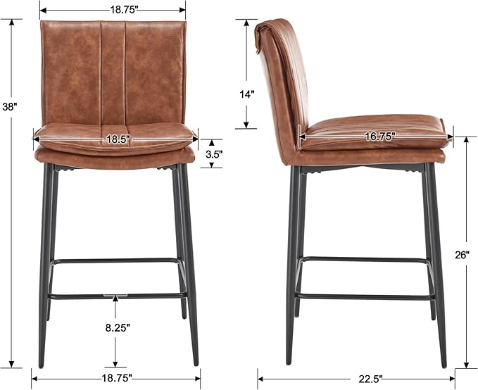 EALSON Leather Counter Height Bar Stools Set of 4 Modern 26 Inch Barstools with Back Upholstered Breakfast Counter Stools with Metal Legs Comfortable Bar Chairs for Kitchen Island, Brown