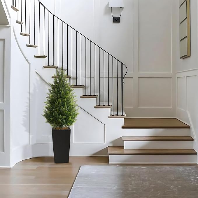 4FT Tall 2 Set Artificial Topiary Cedar Tree, Indoor Realistic Faux Cypress Plants with Square Flowerpot, Outdoor Evergreen Fake Shrubs for Home Living Room Front Porch Decor