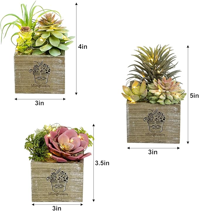 Mingfuxin Small Fake Plants, 3 Packs Mini Succulent Plants Artificial with Led Lights for Indoor Bathroom Bedroom Desk Office Decor