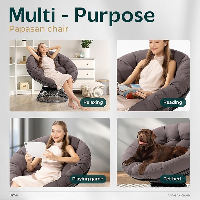 Bme 40" Ergonomic Wicker Papasan Chair with Soft Thick Cushion & Frame, 360° Swivel, Circle, Reading, Comfy Chair for Living Room, Bedroom