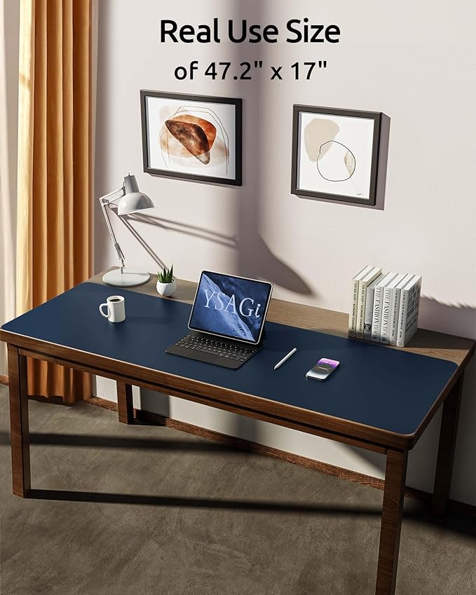 YSAGi Leather Desk Pad Protector, Office Desk Mat, Large Mouse Pad, Non-Slip PU Leather Desk Blotter, Laptop Desk Pad, Waterproof Desk Writing Pad for Office and Home (Dark Blue, 47" x 17")