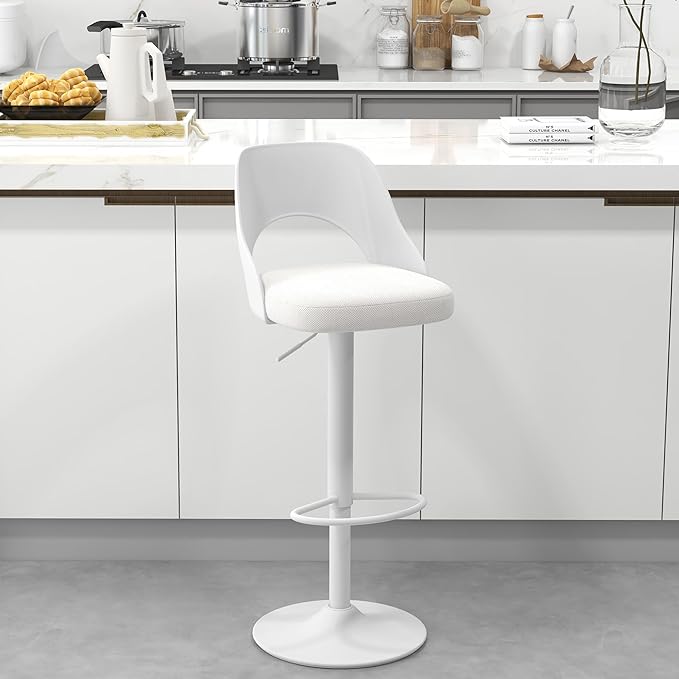 civama Bar Stools Set of 1 for Kitchen Counter, Seat Height Adjustable 25''-33'', Modern Upholstered Swivel Island Chairs with Hollow Backrest Metal Base, White Cotton Linen Fabric with White Base