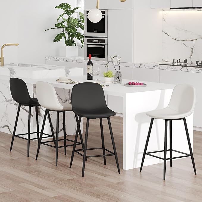 Barstools Set of 4, 24.6" Counter Height Bar Stools with Back & Metal Footrest, Modern Island Chairs Set of 4 for Kitchens Island Home Bar(2 Black & 2 White)