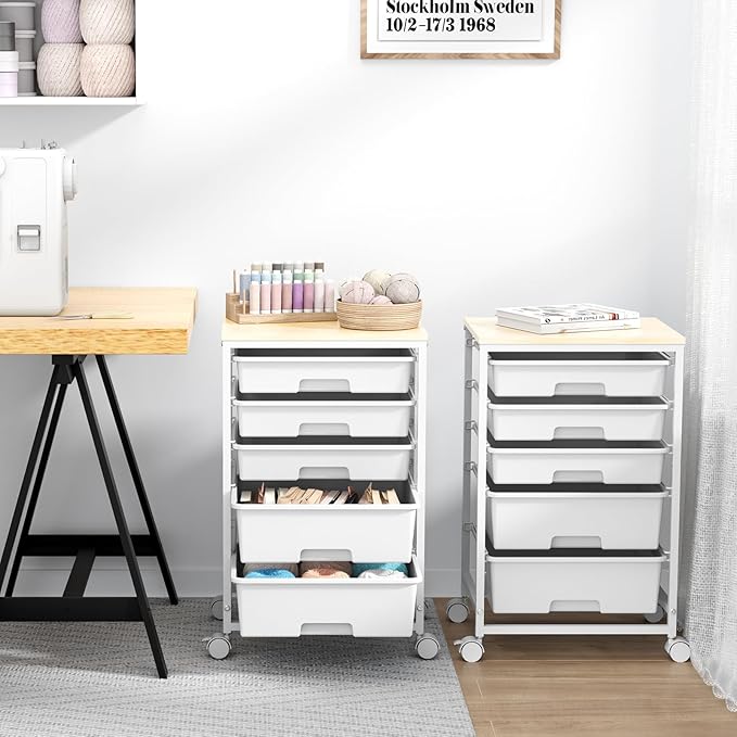 Utility Cart with 5 Drawers,Storage Drawer Cart with Wooden Tabletop and Lockable Wheels,Craft Storage Trolley Cart,5-Tier Rolling Utility Cart on Wheels,Bright White
