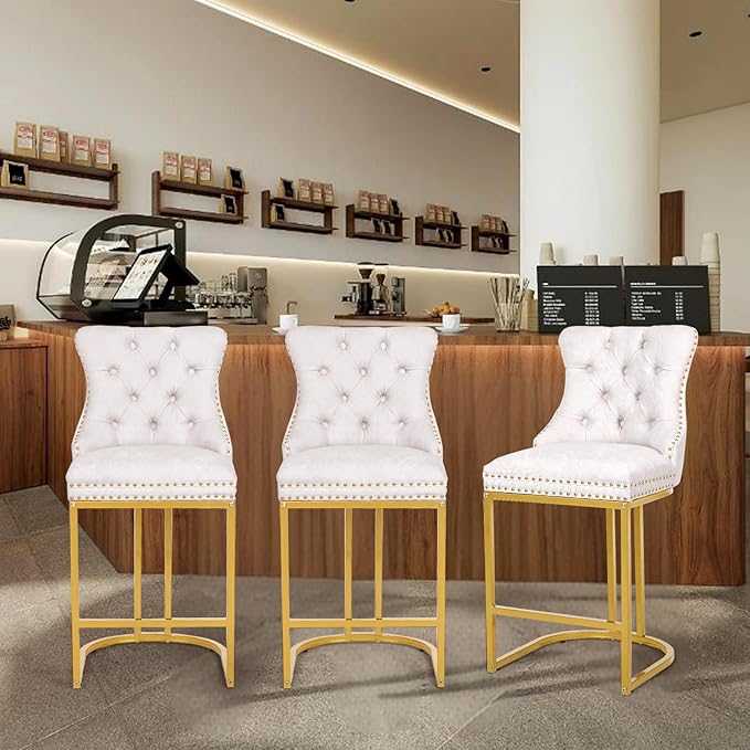 Counter Height Bar Stools Set of 6, 24" Modern Barstools with Back, Frbric Upholstery Counter Chairs with Metal Legs for Kitchen Island, Bar, Counter, White