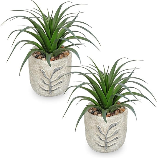 Hollyone 2 Pack Small Artificial Succulents Plants Potted Fake Spiked Succulent Plant in Rustic Pot Mini Faux Plant Agave Aloe Plant Indoor for Office Desk Farmhouse Home Table Shelf Boho Decor