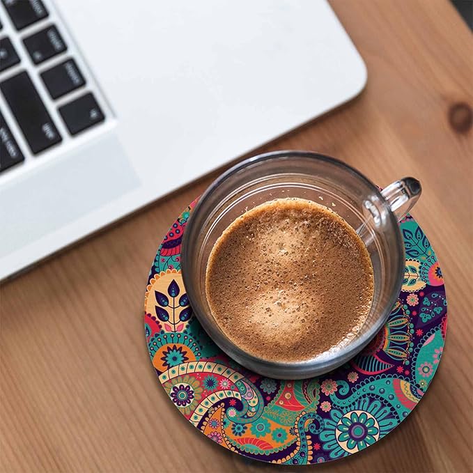 Colorful Floral Coasters for Drinks Exotic Paisley Curly Ethnic Fantastic Artistic Stylized Flowers for Tabletop Protection Coffee Table Living Room Kitchen Office Home Decor 2 Pcs,4 Inch