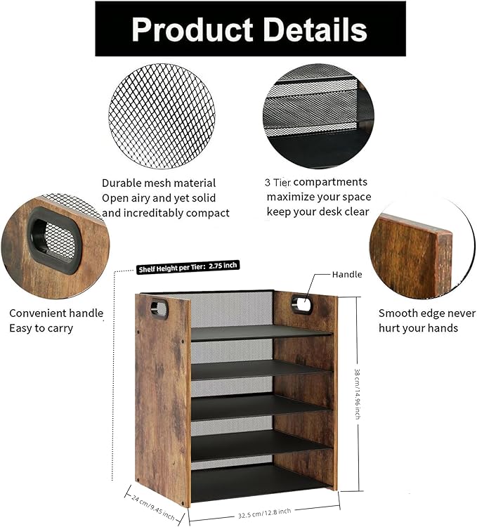 Wood Desk Organizer - 5-Tier Desktop File Organizer, Wooden Paper Tray, Office Desk Organzier and Accessories for Papers, Mail, Notebooks, Stationery