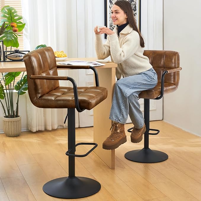 Furniliving Bar Stools Set of 2 with Back, Modern Square PU Leather Kitchen Stools with Armrest, Adjustable Counter Height Barstools for Kitchen Bar Pub Cafe (Yellowbrown)