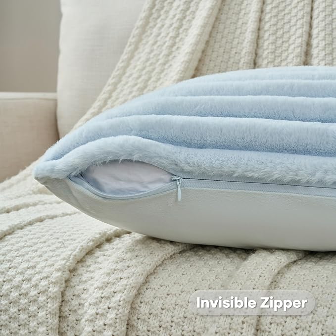 FUTEI Light Blue Striped Decorative Throw Pillow Covers 24x24 Inch Set of 2,Square Fall Decorations Couch Euro Pillow Case,Soft Cozy Faux Rabbit Fur & Velvet Back,Modern Home Decor for Bed