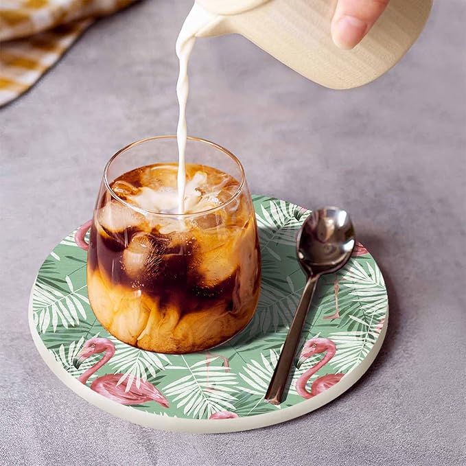 Flamingos and Palm Leaves Round Coaster for Home Coffee Table Watercolor Tropical Nature Birds Foliage Farmhouse Drink Coasters 100% Diatomite 4''X 4''X 0.35'' Printed Pattern