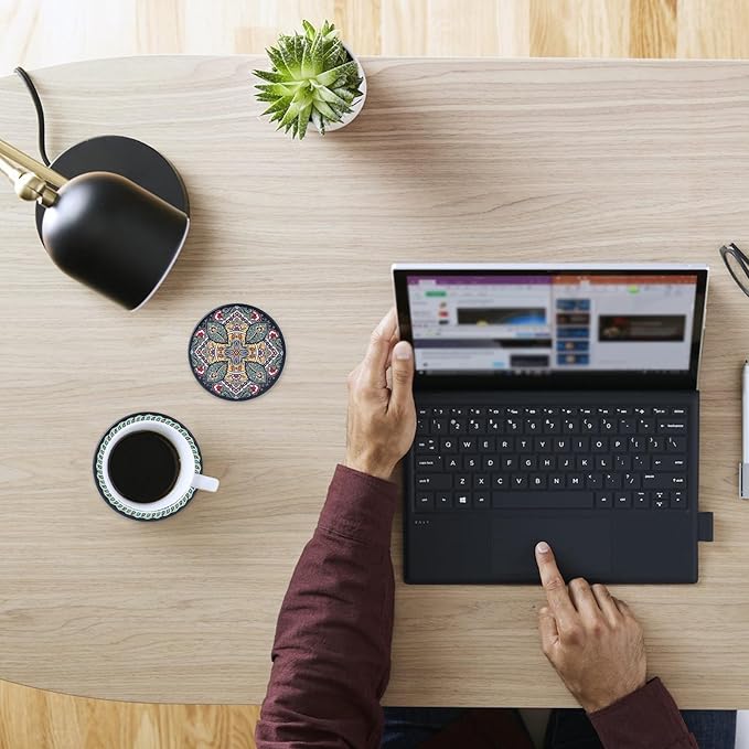 Coasters Absorbent Ceramic Coaster Drink Coasters with Cork Back Turkish Mandala Pattern Set of 6 Round Coaster Non Slip for Coffee Table Wine Glass Home Bar 4 Inch, Colorful