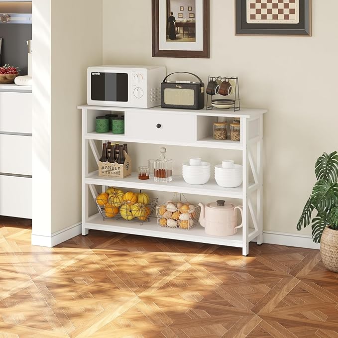 Mexin 39 Inch Console Sofa Table with Drawer, Industrial Entryway Table with Storage Shelves, Storage Organizer for Hallway Living Room Couch Foyer Kitchen Counter, White