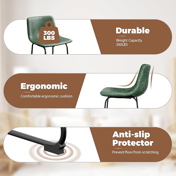 Bar Stools Set of 4, 26 Inch Counter Height Barstools with Back, Modern Faux Leather Bar Stool with Metal Legs and Footrest, Urban Armless Bar Chairs for Kitchens Island (Green)