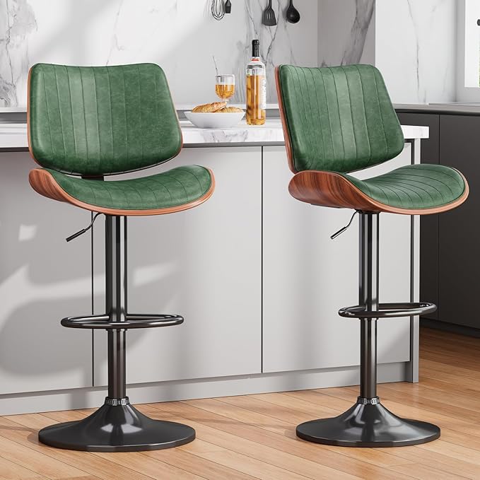 Swivel Bar Stools Set of 2, Adjustable Bentwood Barstools for Kitchen Counter, Modern PU Leather Upholstered Bar Chair with Back and Footrest, for Kitchen Island, Bar, Dining Room, Green