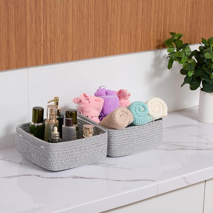 Small Square Shallow Baskets for Organizing, 9.7x9.7x4.3 Inch Rope Woven Storage Bins for Cubes Closet, Shelves Storage, Boho Decorative Basket, 2 Packs Mixed Grey