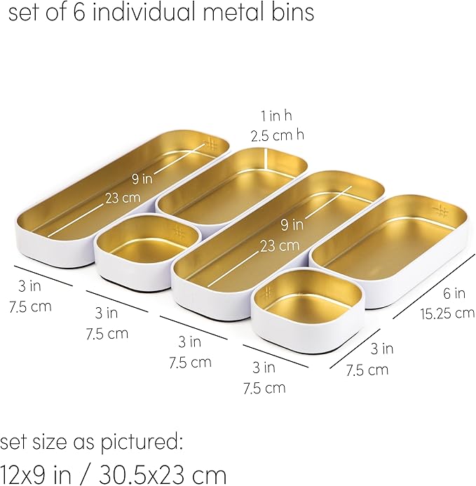 Three by Three Seattle 6 Piece Shallow Metal Organizer Tray Set for Storing Makeup, Stationery, Utensils, and More in Office Desk, Kitchen and Bathroom Drawers (1 Inch, Gold and White)