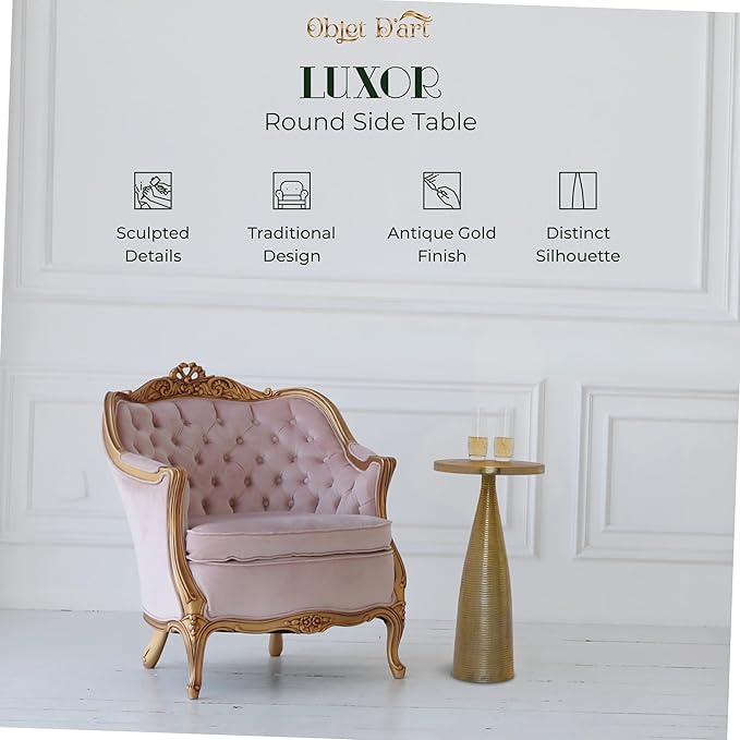 OBJET D'ART Small Round Gold End Tables, Luxor, 23'' Height, Vintage Metal Accent, Side, Pedestal, Coctail and Drink Tables for Living Room and Small Spaces