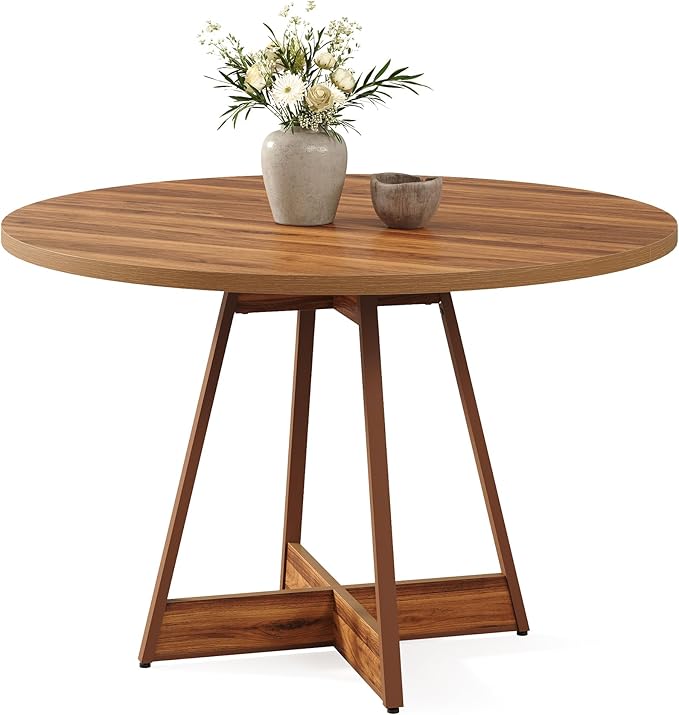 LITTLE TREE 39 Inches Round Dining Table for 2-4, Farmhouse Circle Kitchen Table for Dining Room, Wooden Dinner Table with Heavy Duty Pedestal, Small Bistro Table for Restaurant, Brown