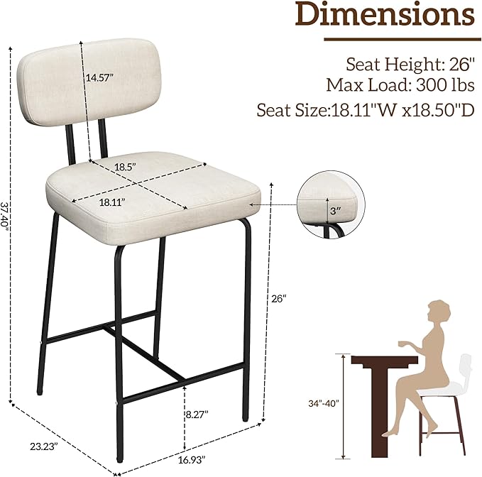 Counter Height Bar Stools Set of 3, 26" White Fabric Kitchen Counter Stools with Backs, Metal Legs, Footrest and Wide Seat, Bar Chairs for Kitchen Island