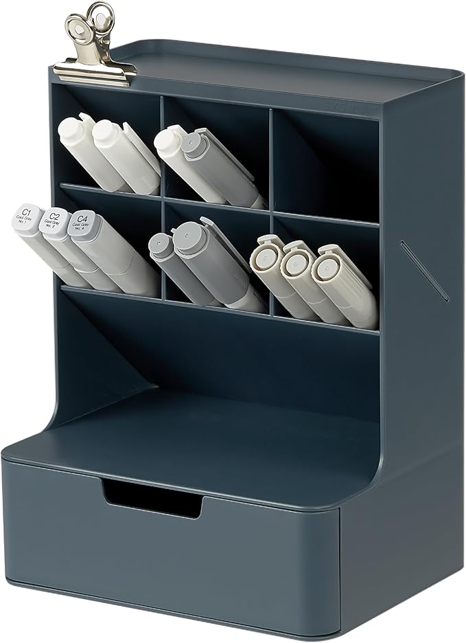 BLUE GINKGO Hive Desk Organizer – Vertical 6-Compartment, Full-drawer Storage – Space-Saving Pen Holder, Stationery Storage – Organizer for Office, School Supplies, Makeup (Made in Korea, Blue)