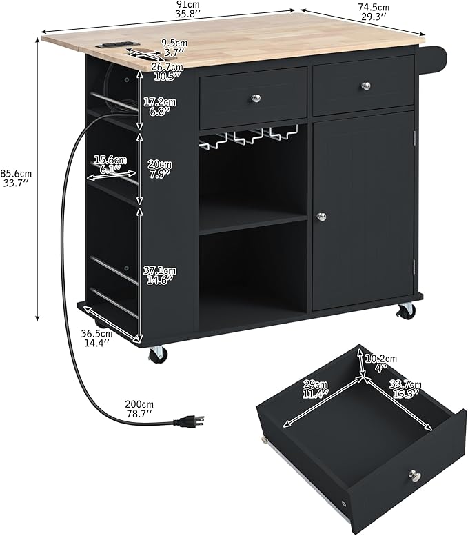 Merax Rubber Wood Kitchen Island with Adjustable Storage, Rolling Kitchen Storage Cart with Drop Leaf, Open Storage, Wine Rack, 5 Wheels for Home, Kitchen, Dining Room, Black