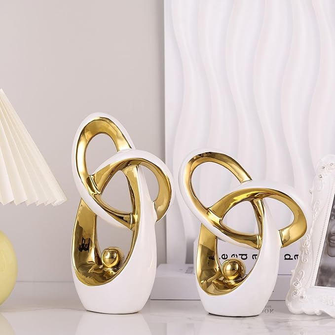 White Gold Modern Abstract Art Home Decor Accent,Statues Coffee Table Decor for Living Room,Table Centerpieces for Dining Room,Ceramic Sculptures and Gold Knick Knacks for TV Stand Decor