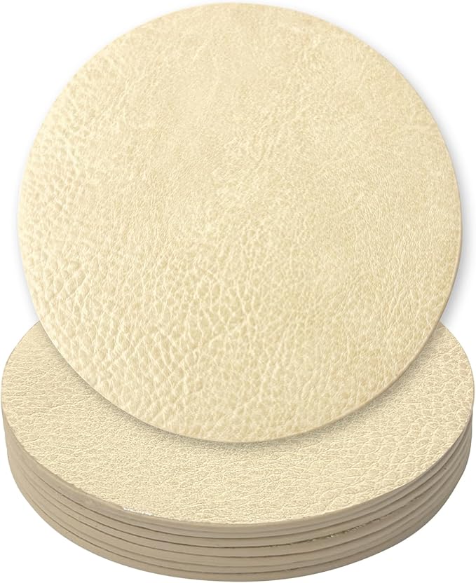 Set of 8 Morgan Faux Leather 4 Inch Round Coasters, Heat & Water Absorbent, Natural Style, Drinks Tabletop Home Dinning, Beige