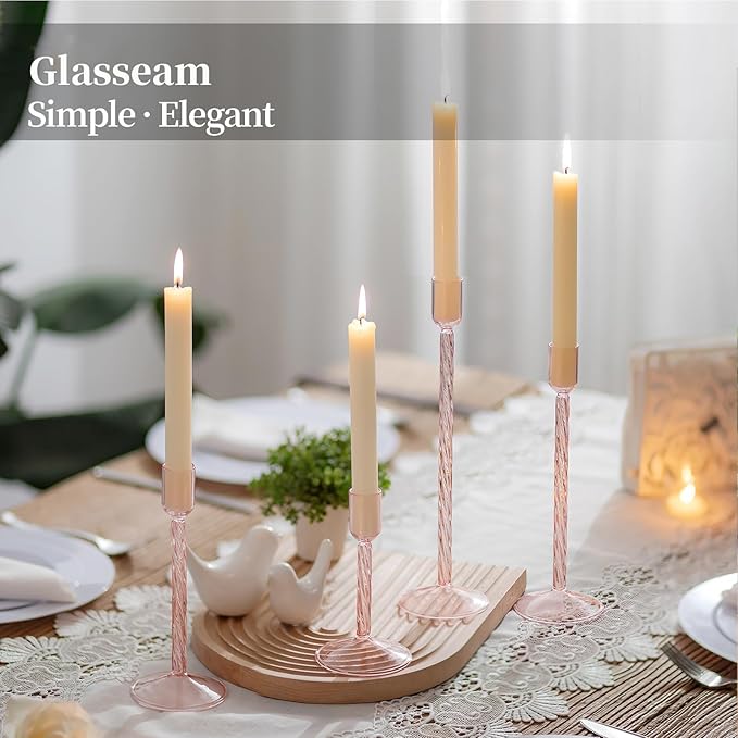 Glasseam Glass Candlestick Holders Pink: Set of 4 Tall Taper Candle Holders for Candlesticks Decorative Tapered Candles for Table Centerpiece Wedding Christmas Home Decor