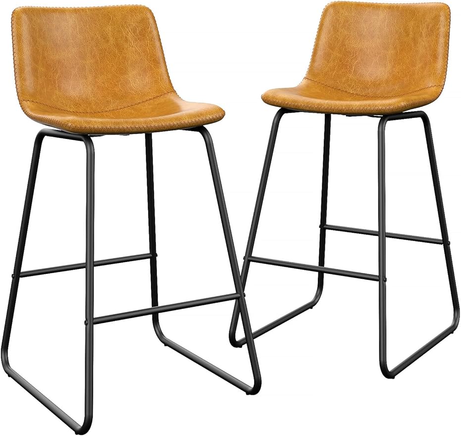 Bar Stools Set of 2, Modern Counter Height Bar Stools with Back, 26 inch Faux Leather Bar Stools with Metal Legs and Footrest, Urban Armless Dining Chairs for Kitchens Island (Brown)