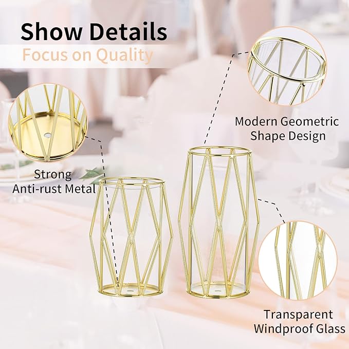 Nuptio Candle Holders for Pillar Candles - Geometric Candleholders Gold Flower Vase with Hurricane Cylinder Glass Dual Uses for Wedding Birthday Party Table Living Room Centerpieces