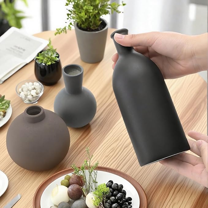 Ceramic Vase Set of 3, Vases Home Decor, Neutral Rustic Modern Farmhouse Decor, Pottery Vases for Pampas Grass Dried Fresh Flowers, Living Room Kitchen Bedroom Bathroom Entryway Mantel Shelf (Black)