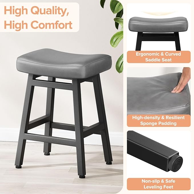 Counter Height Bar Stools Set of 3, 24 Inch Barstools for Kitchen Counter, Kitchen Stools with Bonded Leather Saddle Seats & Heavy Duty Metal Legs, Easy Assembly, Gray/Black