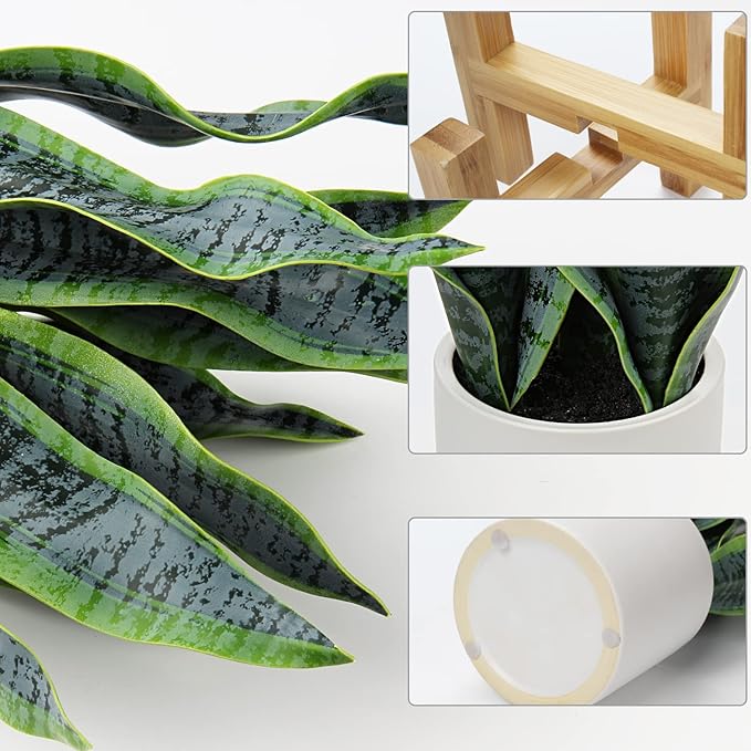 Hollyone Artificial Snake Plant Potted with Solid Wood Plant Stand, 19" Faux Sansevieria Tropical White Ceramic Pots Fake Plants for Home Office Indoor Decor Housewarming Gift