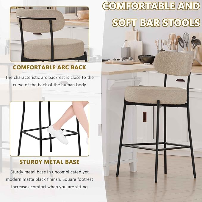 DYHOME Bar Stools Set of 2, Modern 28 Inches Counter Height Kitchen Bar Stools, Tall Upholstered Barstools with Back & Footrest Metal Legs, Stools for Kitchen Island, Counter, Cafes, Dining Room