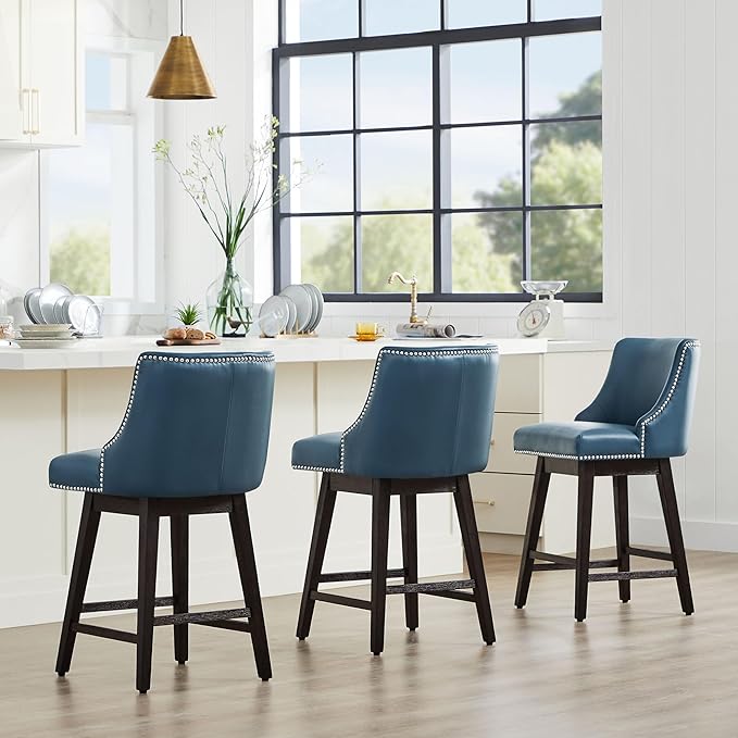 CHITA Counter Height Swivel Bar Stools, FSC Certified Upholstered Counter Stools, Modern Swivel Barstools with Wood Legs for Kitchen Island, 26" Seat Height, Faux Leather in Blue