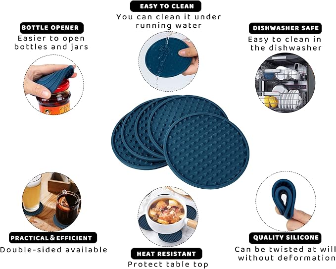 Coasters for Drinks 6 Pcs Drink Coaster with Holder,Heat Resistant Silicone Cup Mat Tabletop Protection,Non-Slip Rubber Coasters for Kinds of Cups (Blue)