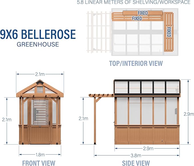 Backyard Discovery Bellerose 9' x 6' Cedar Wood and Polycarbonate Walk-in Greenhouse Kit with Pergola, Exhaust Fan, Windows, Hose Hook-Ups, PowerPort, Staging Shelves for Year-Round Outdoor Gardening