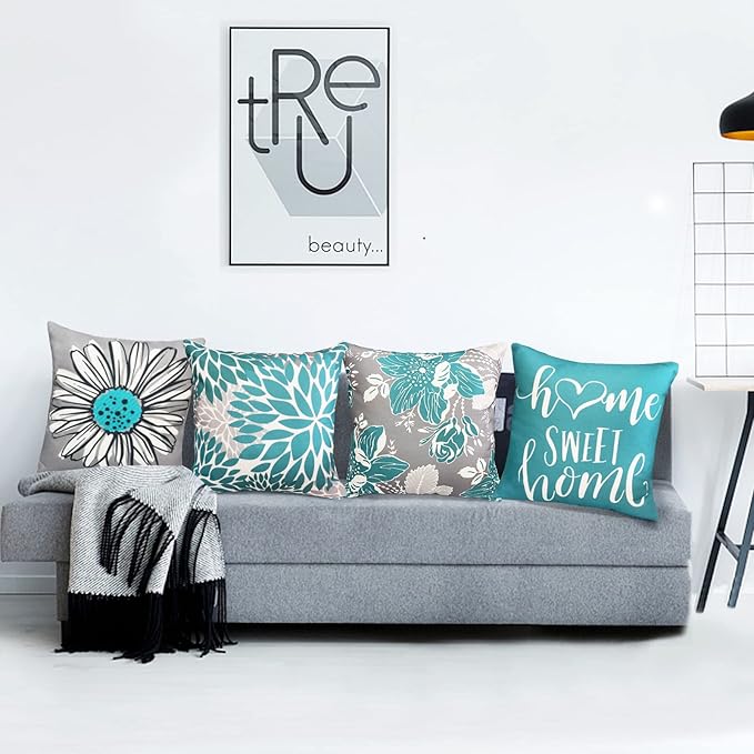 Decorative Throw Pillow Covers Set of 4 Teal Pillow Covers 20x20 inch inch Throw Pillow Cases Linen Square Pillow Case,Farmhouse Outdoor Modern Pillow Covers for Couch Sofa Living Room