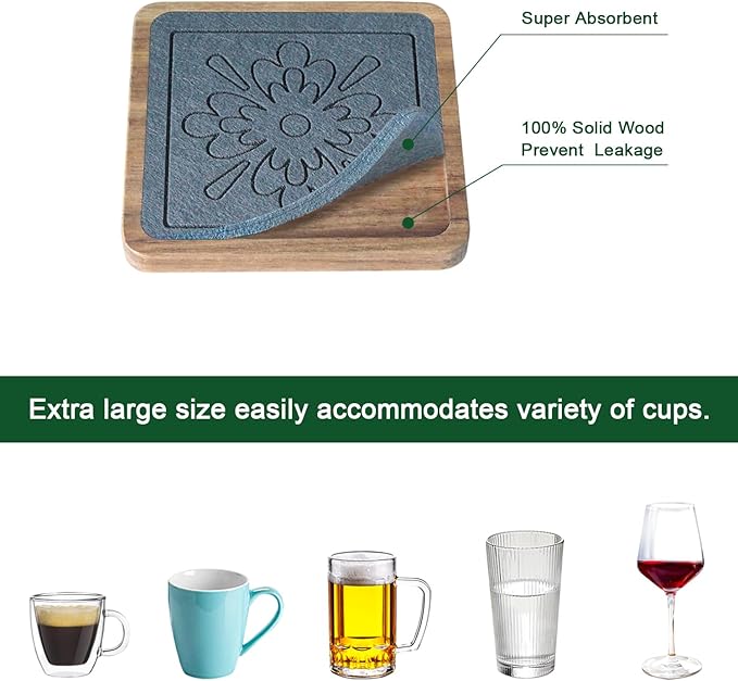 Square Coasters for Drinks, Absorbent Coaster Sets of 5, Wood Drinks Coasters for Coffee Tabletop Protection, Non-Slip, Non-Stick, Suitable for Kinds of Cups Wooden Table Drink, 4.1 Inches Grey