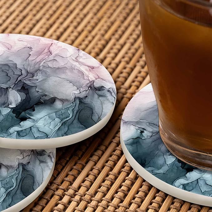 Grey Flowing Abstract Painting Round Coaster for Home Coffee Table Alcohol Ink Colors Marble Texture Farmhouse Drink Coasters 100% Diatomite 4''X 4''X 0.35'' Printed Pattern